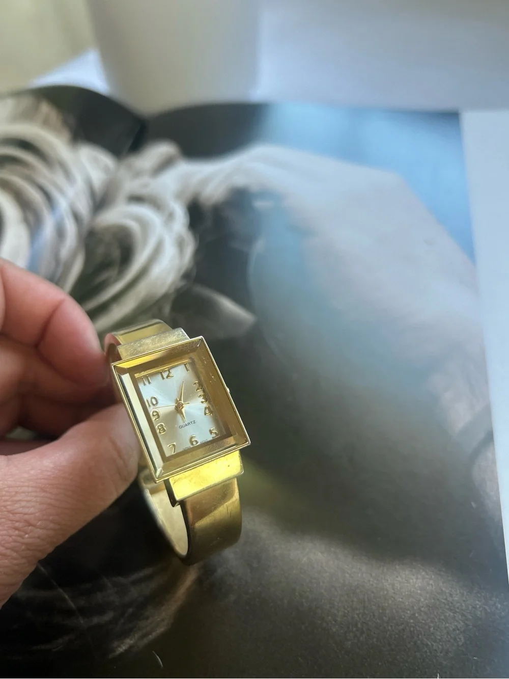 Gold Rectangular Face Quartz Bangle Watch
